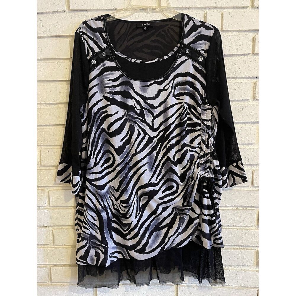 Kaktus Sz. Lg Black White Stripe Zebra Sheer Layered Side Knot 3/4 sleeve Top